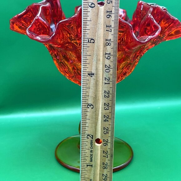 Fenton Amberina Ruffled Crimped Thumbprint Pedestal Candy Dish Compote VTG MCM - Picture 2 of 13